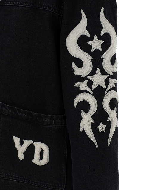 Black denim jacket with white shearling and appliqué, 3