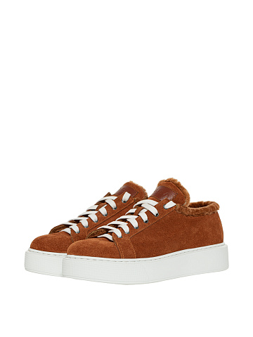 Brown Velour & Shearling Sneakers, 1