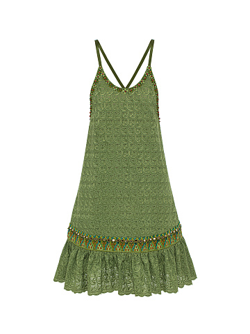 Green Beaded Cotton Mini Dress, 1