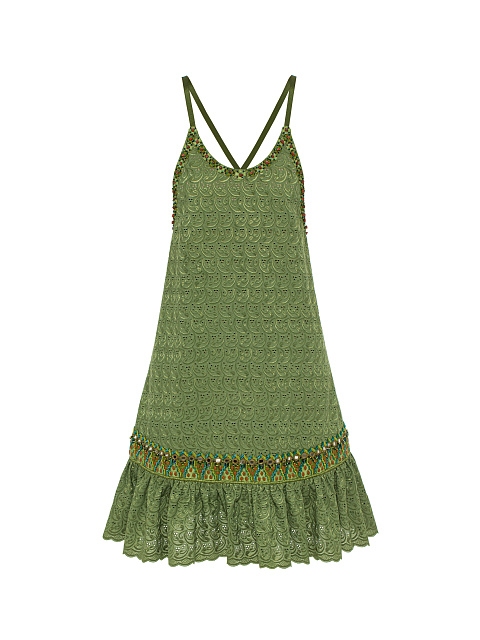 Green Beaded Cotton Mini Dress, 1