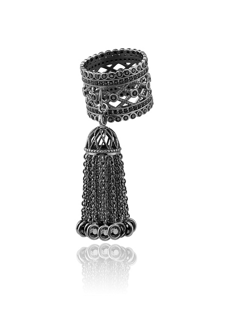Black Cubic Zirkonia & Black Silver Tassel Ring, 1 Black Cubic Zirkonia & Black Silver Tassel Ring, 1