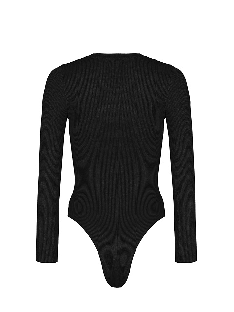 Black Ribbed Jersey L/S Round Neck Bodysuit, 2