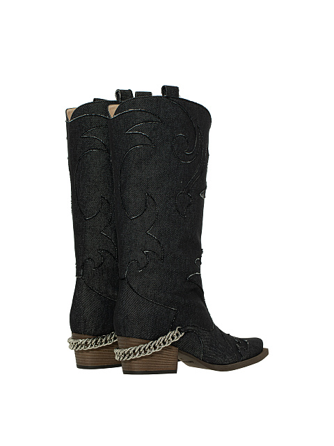 Black Denim Embroidered Cowboy Boots, 3