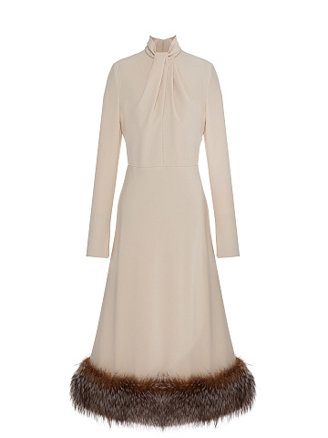 Beige Midi Dress With Fox Fur, 1