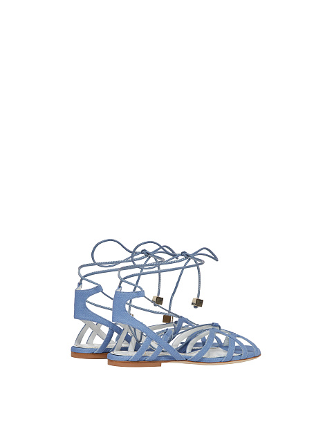 Light Blue Denim & Leather Flat Sandals, 3