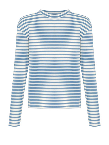 White and light blue cotton striped top with red print, 1