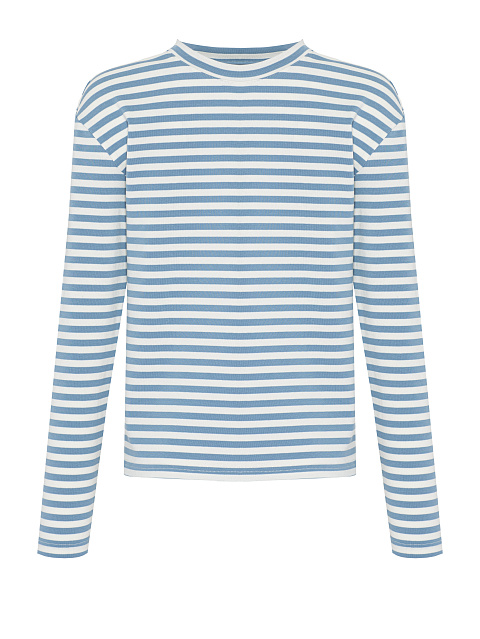 White and light blue cotton striped top with red print, 1