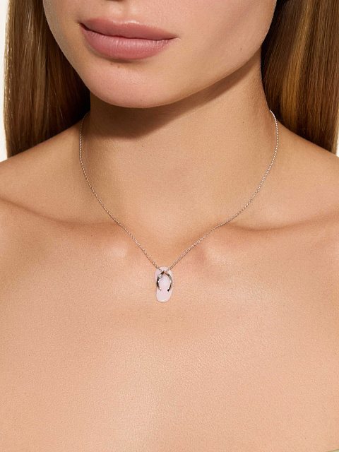 White gold necklace with pendant with pink opal and LG diamond, 3 White gold necklace with pendant with pink opal and LG diamond, 3