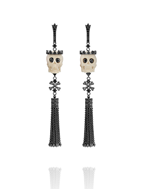 Mammoth Tusk & Black Round Diamond & Black Gold Tassel Earrings, 1