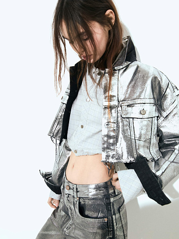 Light Grey Cotton Cropped Shirt, 2