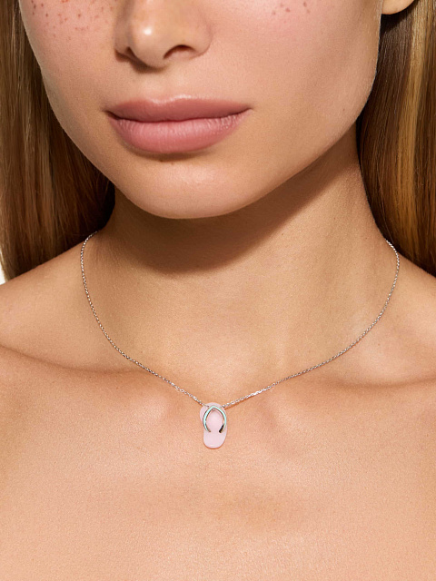 White gold necklace with pendant with pink opal and enamel, 3