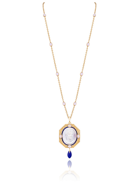 Yellow Gold, Sapphires and Shell Cameo Necklace, 1