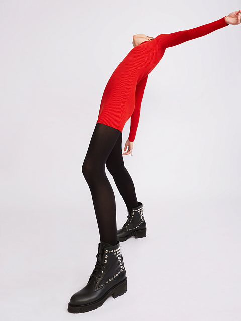 Red Rib Knit Turtleneck Mini Dress, 5