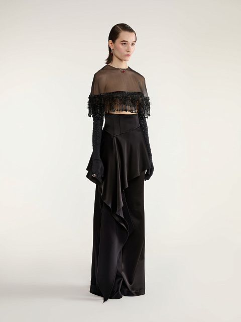 Black Silk Trousers With Asymmetrical Flounce, 4