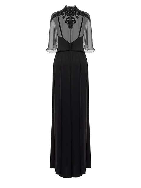 Black Silk Maxi Dress With Chiffon & Lace Cape, 3