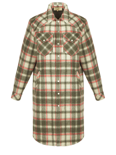 Green & Ecru Checked Wool Long Overshirt, 1