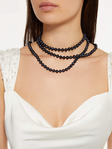 Silver necklace with black pearl beads, 155 cm, 2