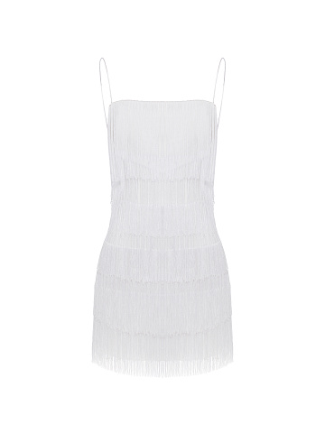 Fringed White Mini Dress, 1