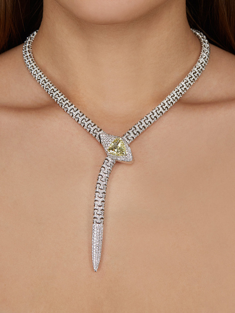 Fancy Yellow Triangular Diamond & Emerald & Round Diamond & White Gold Necklace , 8