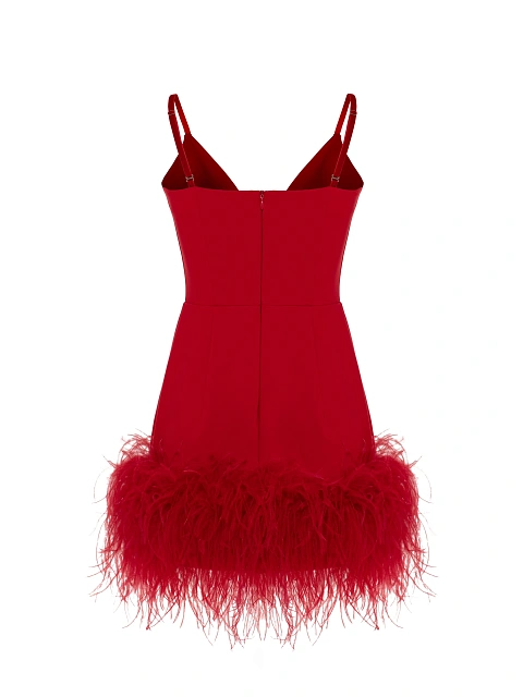 Red Feather Trim Jersey Mini Dress, 3