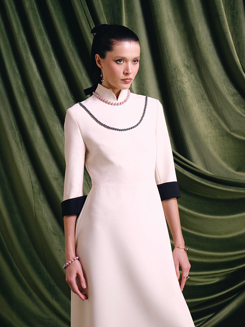 Milk midi dress with black pearls, 6