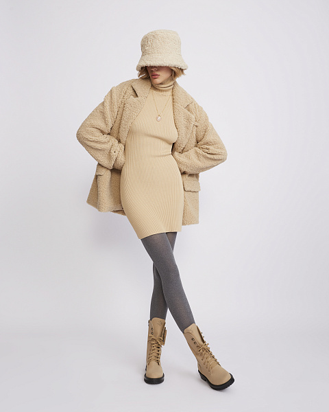 Beige Green Rib Knit Turtleneck Mini Dress, 6