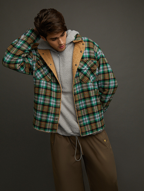 Men's Green Checked Faux Fur Lined Shirt, 5