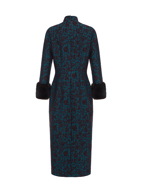 Blue Jacquard Midi Dress With Mink Fur Cuffs, 2 Blue Jacquard Midi Dress With Mink Fur Cuffs, 2