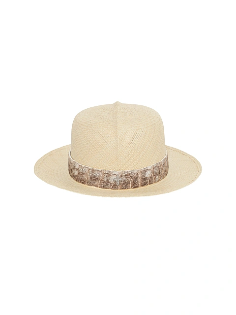 Himalayan Crocodile Leather Trimmed Straw Hat, 2