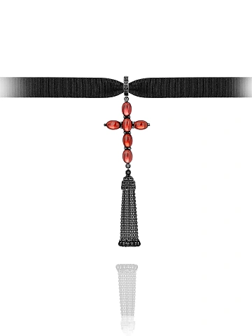 Oval Garnet, Black Briolette Diamond & Black Gold Pendant , 1