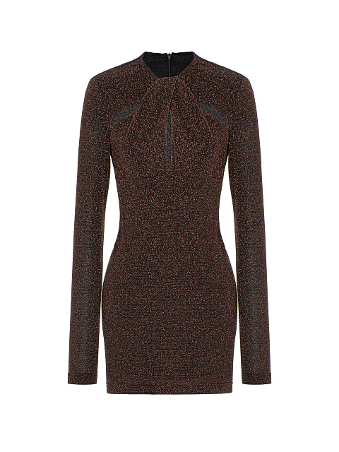Платье-мини из черного трикотажа с золотым люрексом, лиф-узел, 1