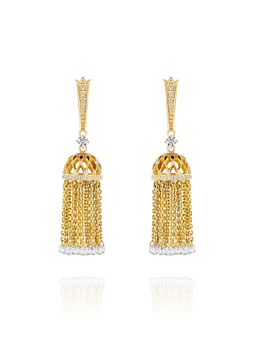 Short yellow gold tassel earrings with diamonds, 1