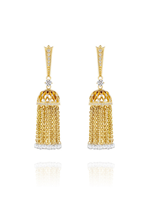 Short yellow gold tassel earrings with diamonds, 1