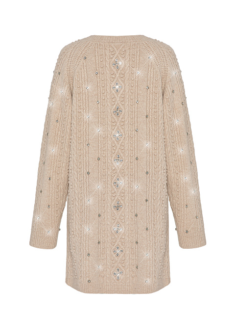 Biege Rhinestones Long Wool Cardigan, 2