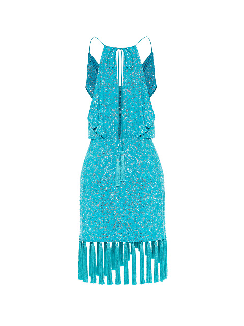 Turquoise Rhinestones & Fringe Mini Dress, 2