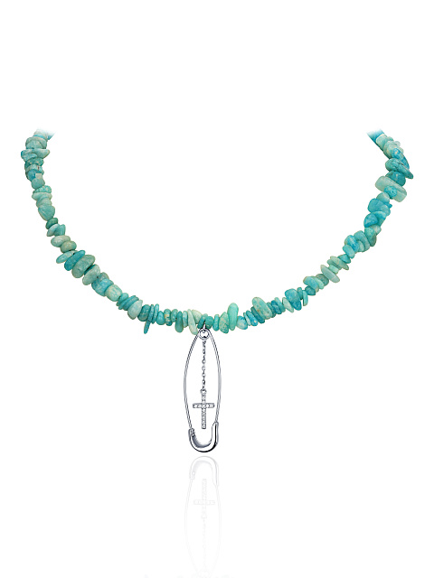 Amazonite & Cubic Zirkonia & Silver "Safety Pin" Necklace, 1 Amazonite & Cubic Zirkonia & Silver "Safety Pin" Necklace, 1