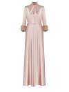 Платье в пол из пудрового шелка, воротник стойка с драпировкой, рукава с манжетами из норки Платье в пол из пудрового шелка, воротник стойка с драпировкой, рукава с манжетами из норки