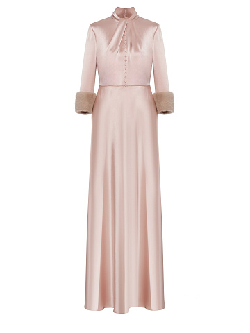 Powder Silk Dress With Mink Fur Cuffs, 1