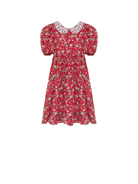 Girl's Red Floral Lace Trim Dress, 1 Girl's Red Floral Lace Trim Dress, 1