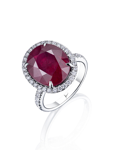 Oval Ruby, Round Diamond & White Gold Ring, 1