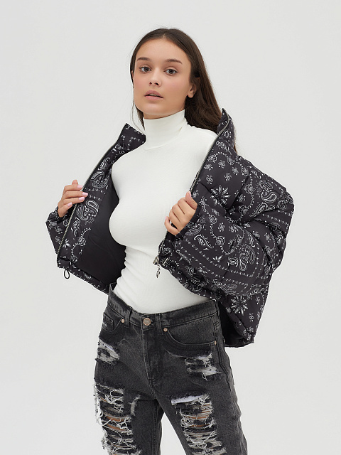 Black cropped down jacket with paisley pattern, 12