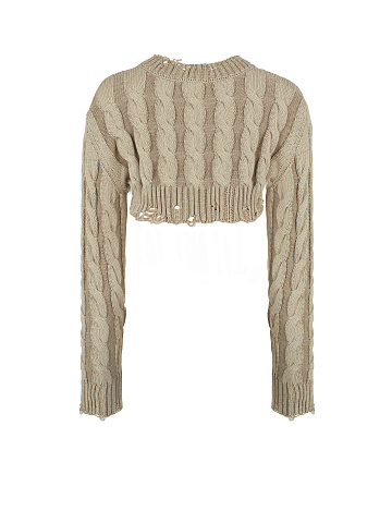 Beige Distressed Cable Knit Super Cropped Sweater, 2