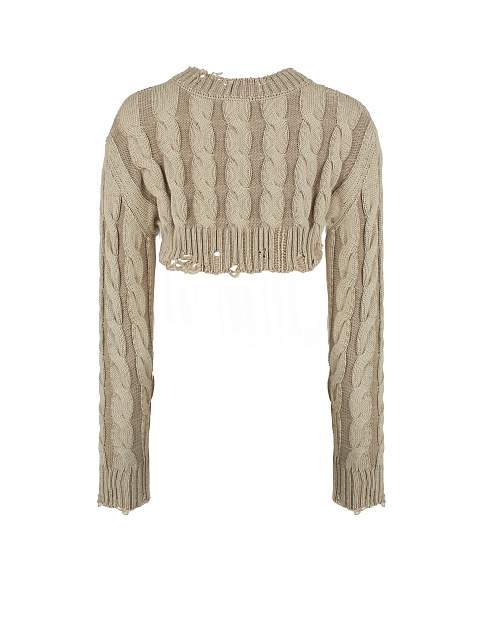 Beige Distressed Cable Knit Super Cropped Sweater, 2
