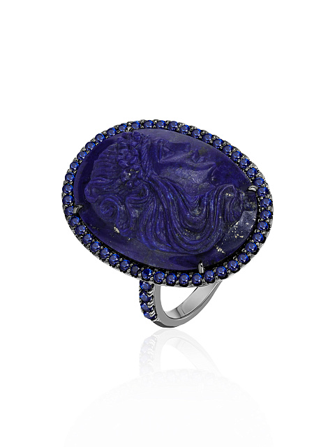 Ring in blackened gold with a cameo on lapis lazuli and sapphires, 1