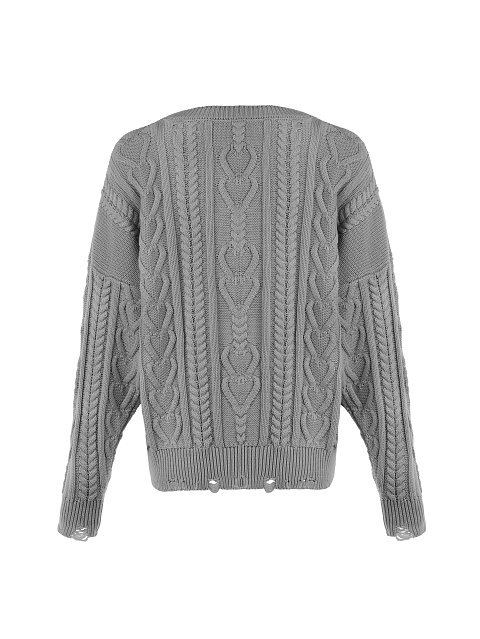 Grey Distressed Cable Knit Sweater , 2