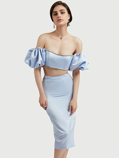 Light Blue Rhinestones Trimmed Satin Top, 6