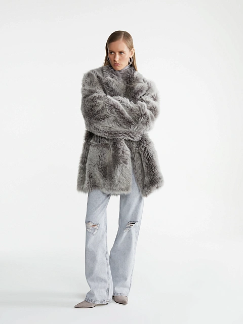 Gray Cropped Sheepskin Coat, 12
