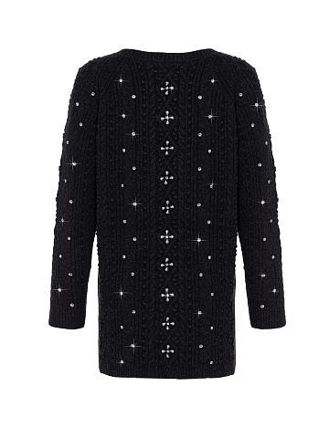 Black Rhinestones Long Wool Cardigan, 2