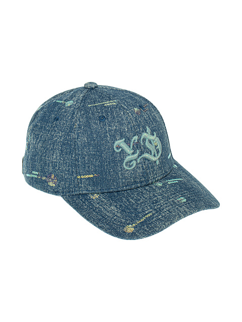 Blue YD Embroidered Sequinsed Denim Cap, 1