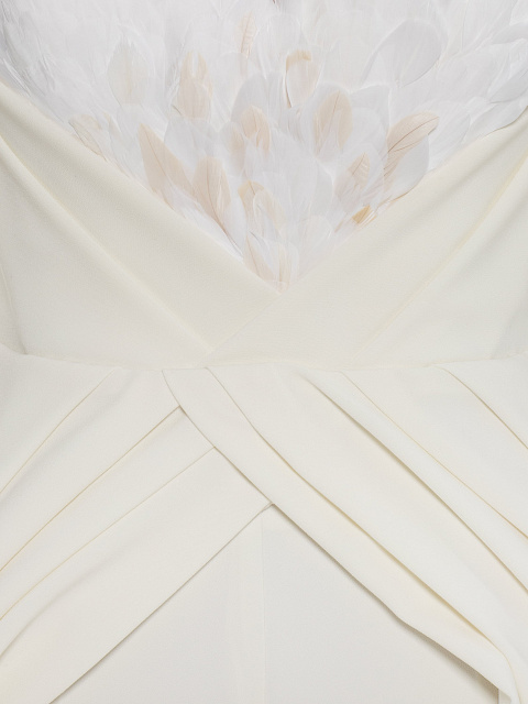 White suit with feather-trimmed blazer and trousers, 5